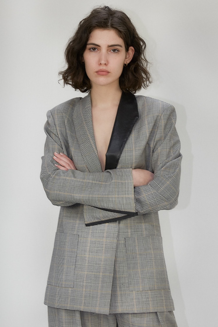Eddie blazer in wool and leather lapel - Grey check