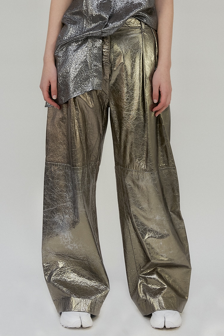 Joni wide-leg trousers in leather - Gold